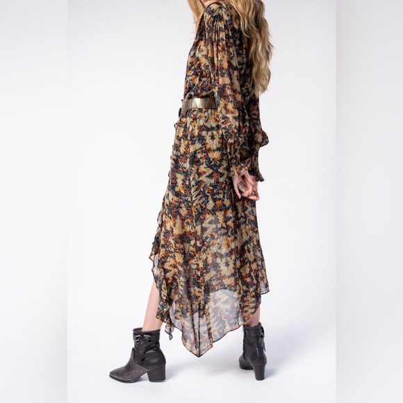 NWT $575 Iro Jorma Ruffled Printed Georgette Midi Dress In Black - Picture 5 of 11